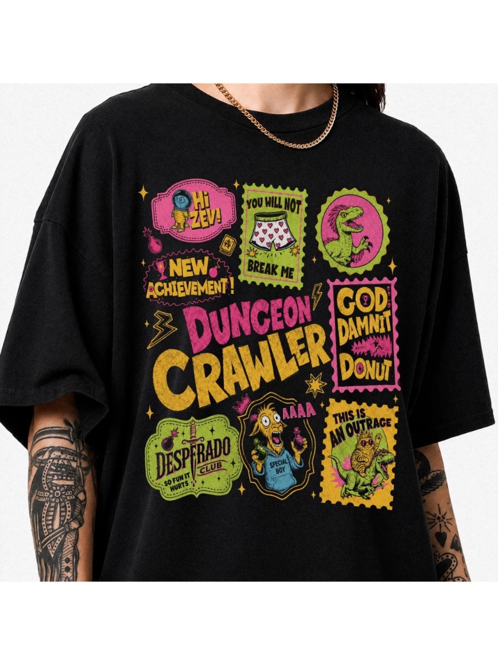 Comfort Colors Black Dungeon Crawler Graphic Tee with Neon Patches